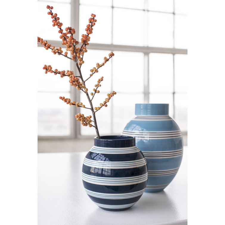 Hand-Painted Light Blue Ceramic Table Vase with Stripes