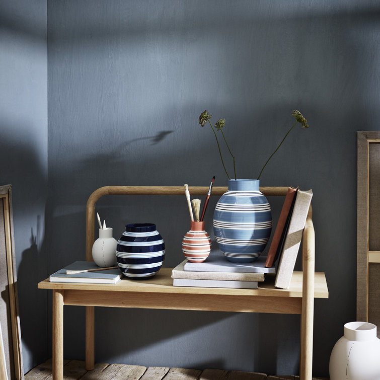 Hand-Painted Light Blue Ceramic Table Vase with Stripes