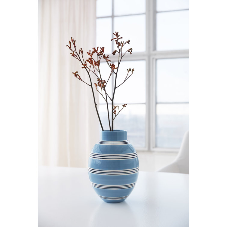 Hand-Painted Light Blue Ceramic Table Vase with Stripes