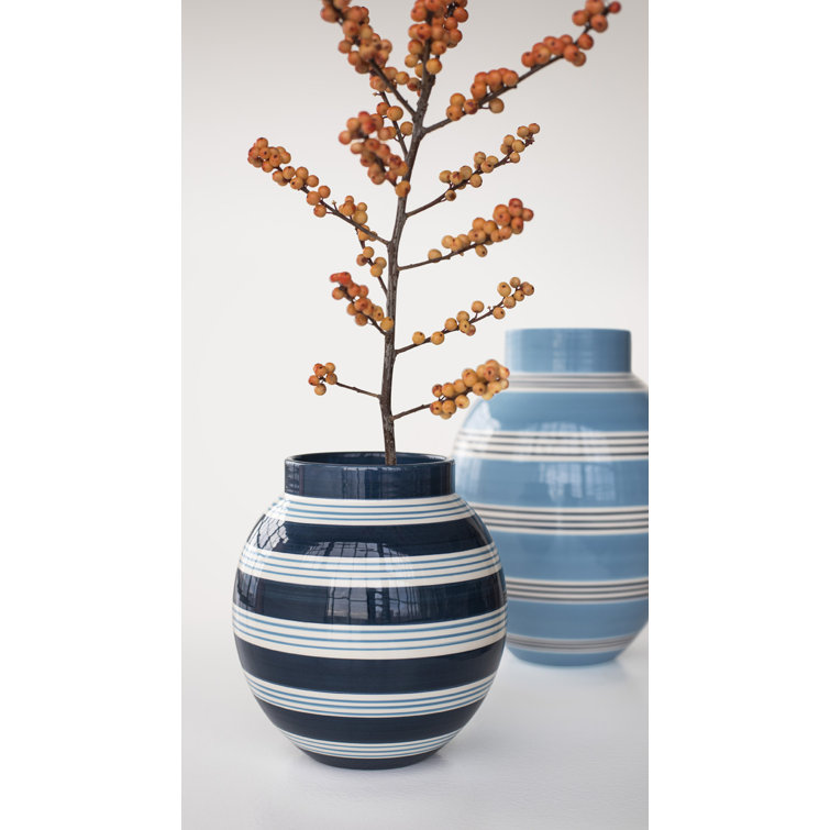 Hand-Painted Light Blue Ceramic Table Vase with Stripes