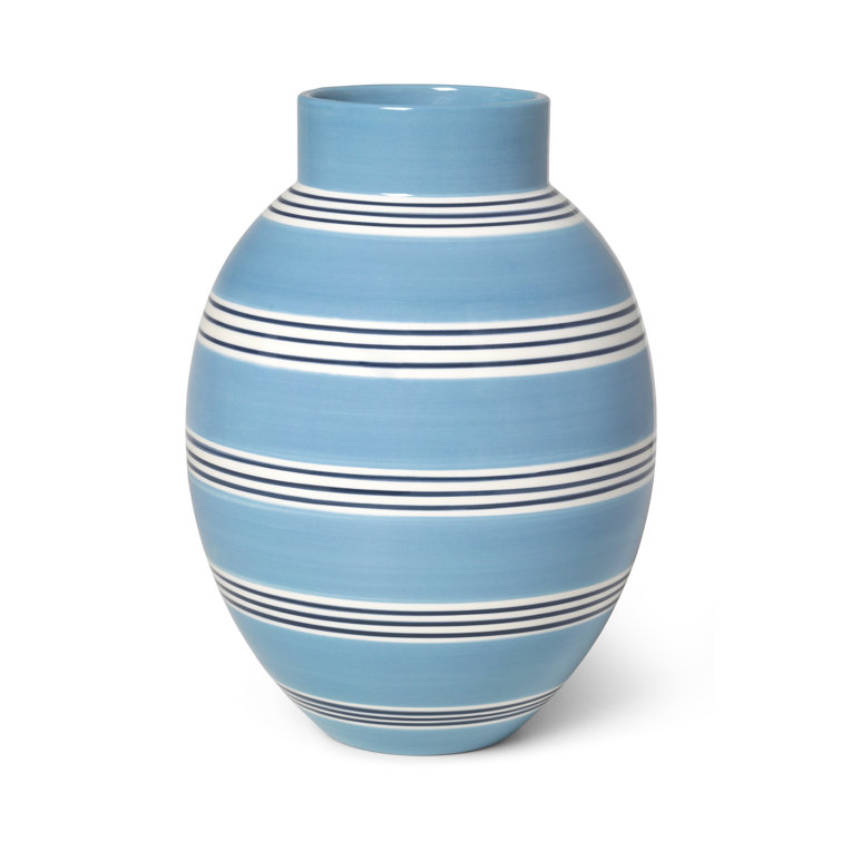 Hand-Painted Light Blue Ceramic Table Vase with Stripes
