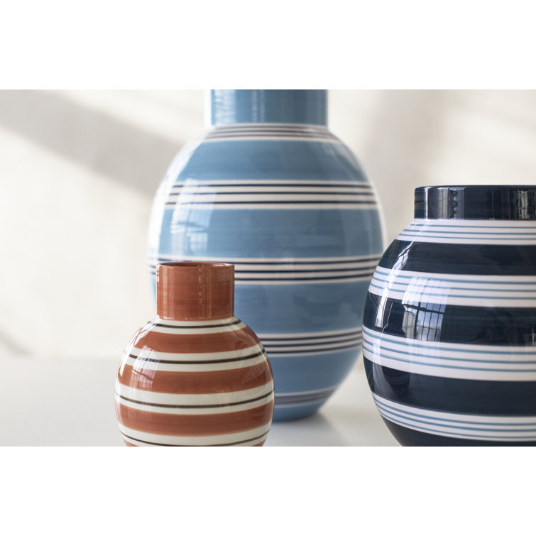 Hand-Painted Light Blue Ceramic Table Vase with Stripes