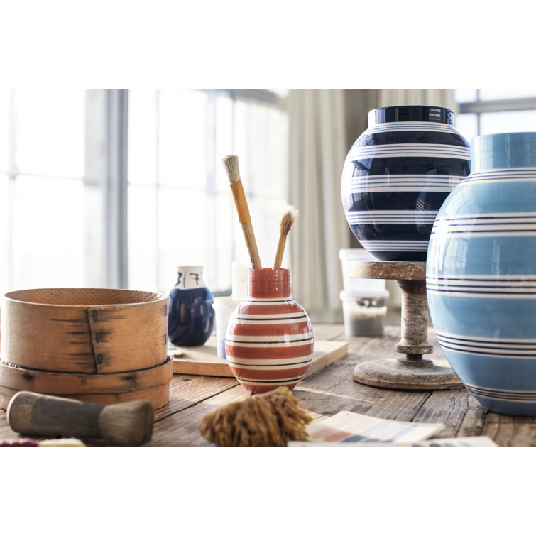 Hand-Painted Light Blue Ceramic Table Vase with Stripes