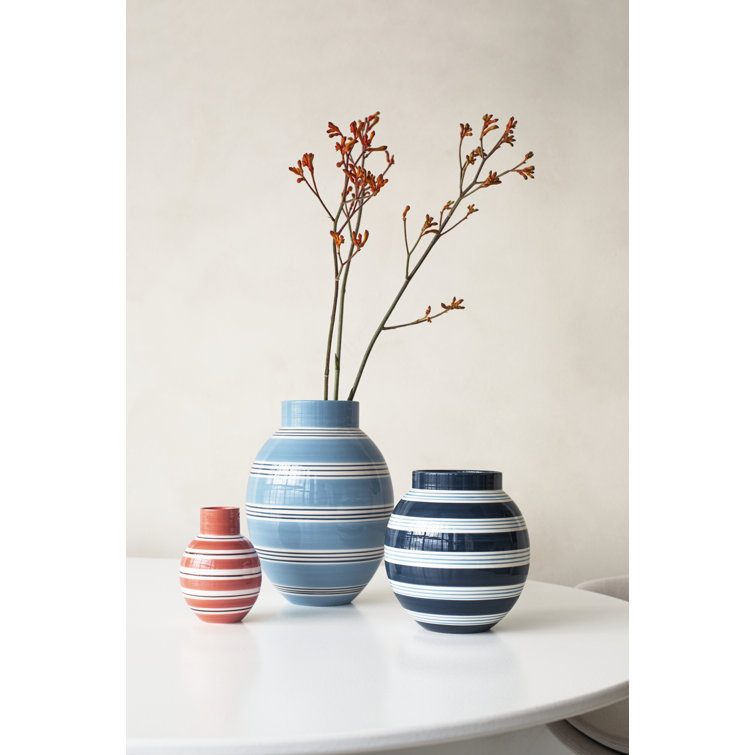 Hand-Painted Light Blue Ceramic Table Vase with Stripes