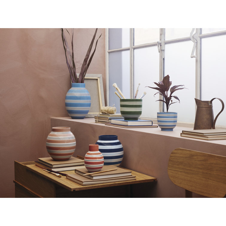 Hand-Painted Light Blue Ceramic Table Vase with Stripes
