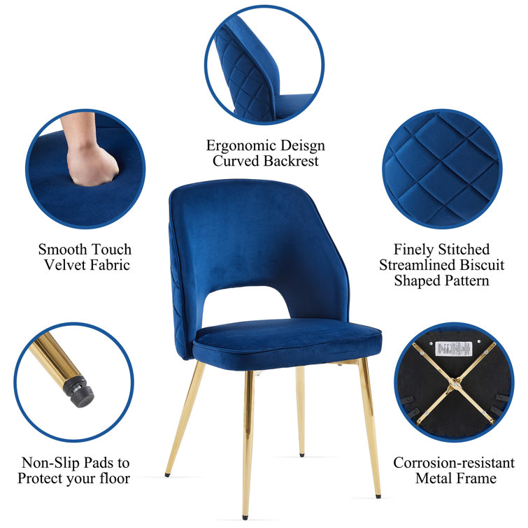 Navy Blue Velvet Upholstered Side Chair with Gold Metal Legs, Set of 2