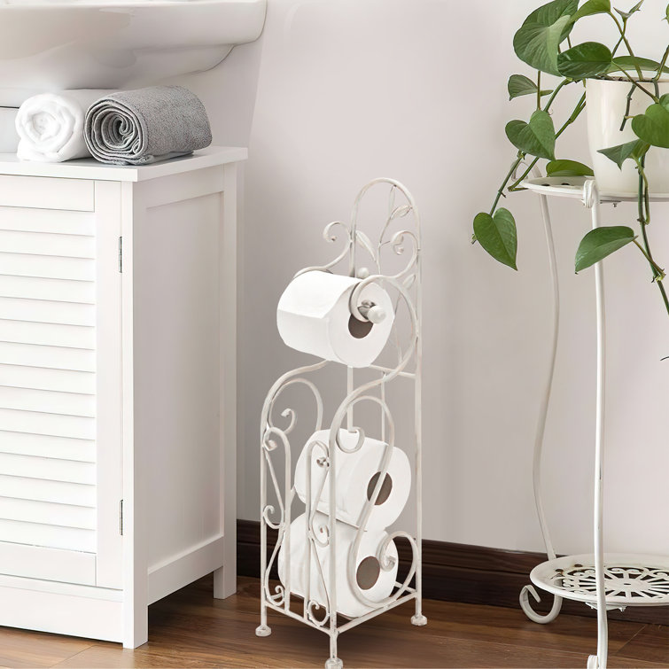 Ivory White Metal Freestanding Toilet Paper Holder with Scroll Design