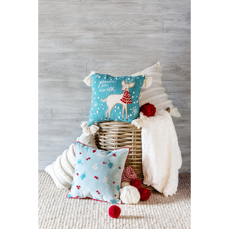 18" Blue Embroidered Cotton Deer Throw Pillow