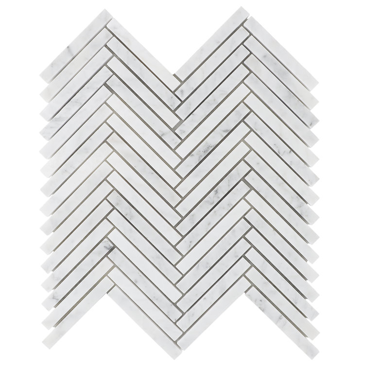 Carrara White Polished Marble Herringbone Mosaic Tile