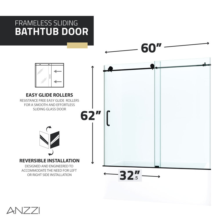 Raymore Matte Black Frameless Sliding Tub Door with Tsunami Guard