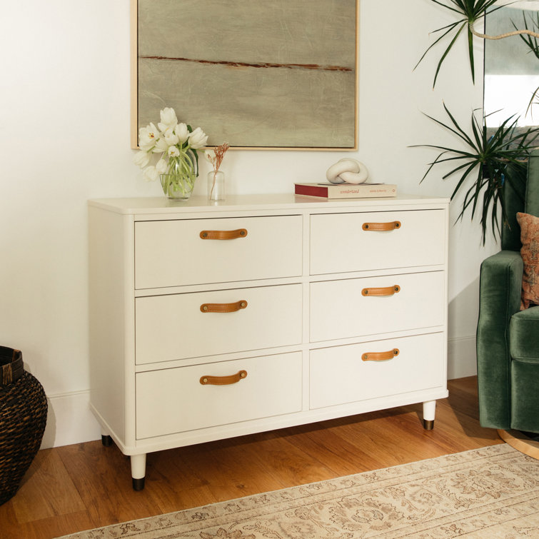 Warm White Tanner Classic 6-Drawer Dresser with Leather Handles