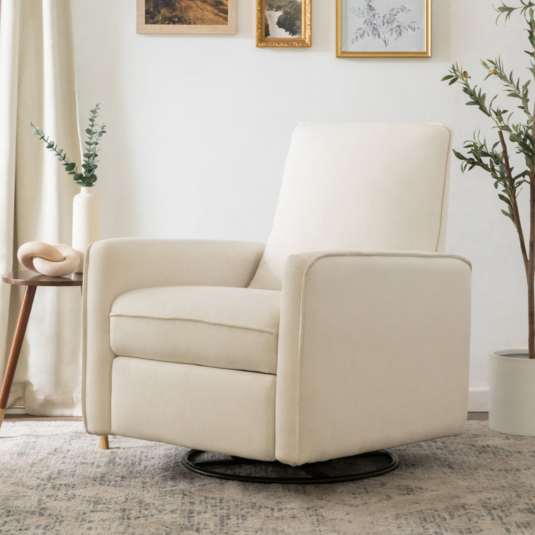 Cream Eco-Weave Swivel Recliner with Wood Base