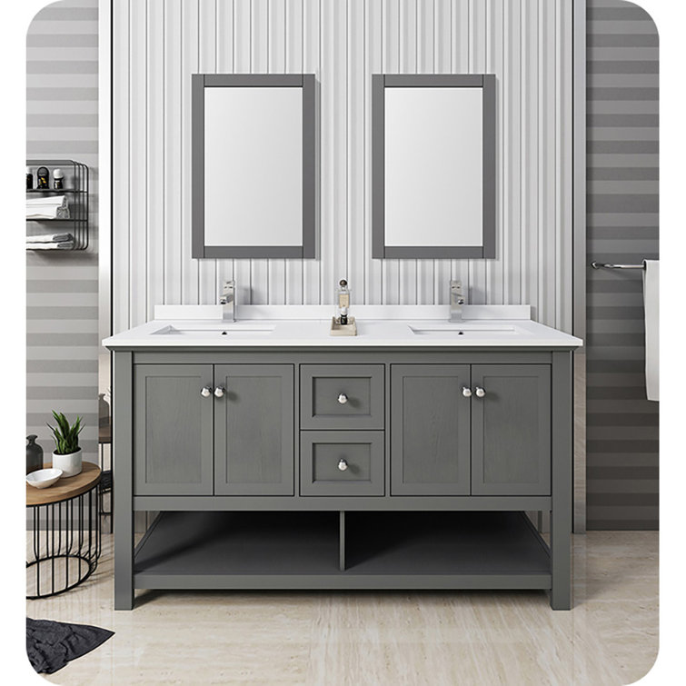 Gray Wood 60" Double Sink Freestanding Bathroom Vanity Base