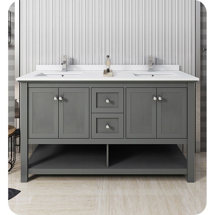 Gray Wood 60" Double Sink Freestanding Bathroom Vanity Base