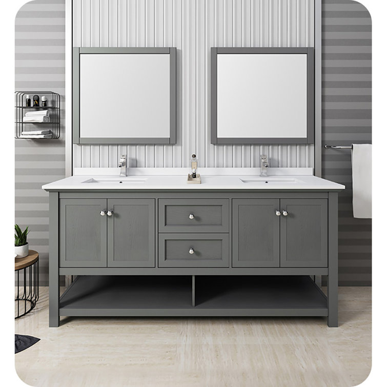 Gray Solid Wood and MDF Freestanding Double Sink Bathroom Vanity