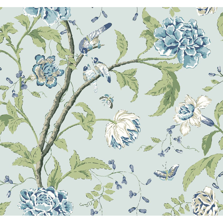 Light Blue Floral and Bird Removable Wallpaper Roll