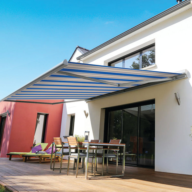 Ocean Blue and Beige Striped Acrylic Retractable Patio Awning