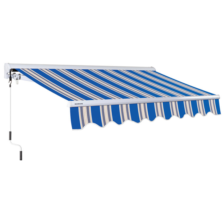 Ocean Blue and Beige Striped Acrylic Retractable Patio Awning