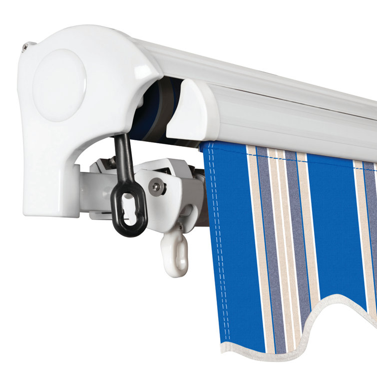 Ocean Blue and Beige Striped Acrylic Retractable Patio Awning