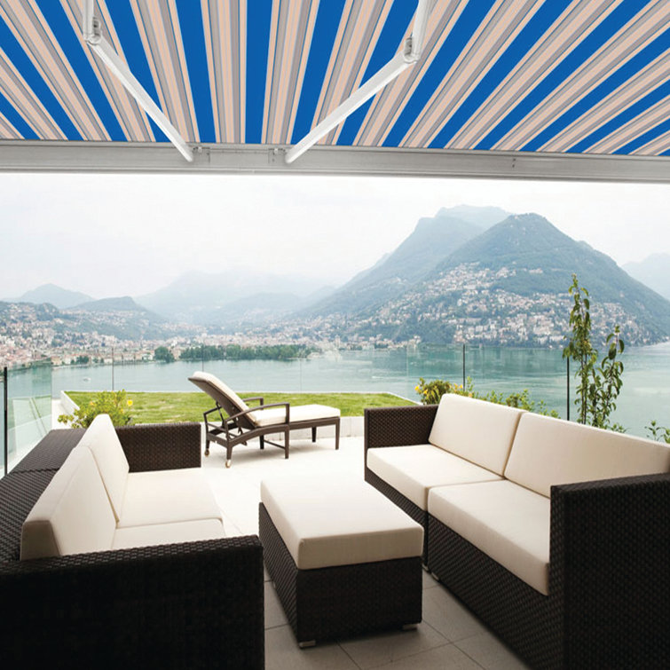 Ocean Blue and Beige Striped Acrylic Retractable Patio Awning