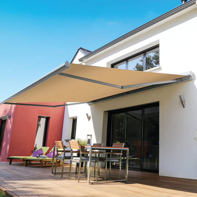 Khaki 12' x 10' Retractable Patio Awning with Aluminum Frame