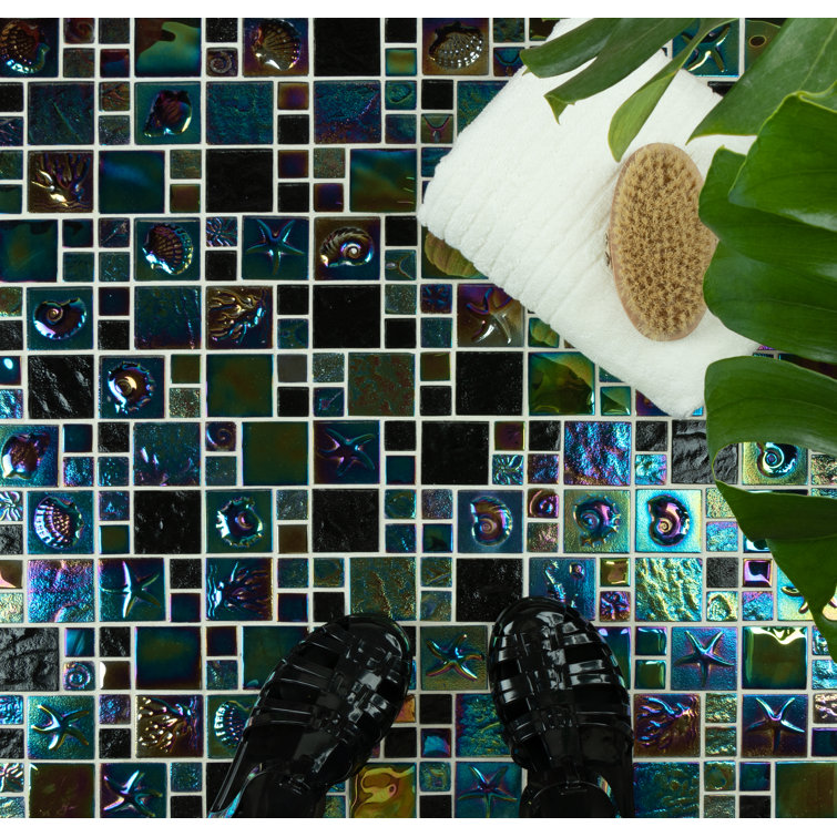 Midnight Mere Iridescent Glass Mosaic Wall Tile, 12-in x 12-in