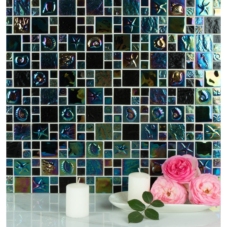 Midnight Mere Iridescent Glass Mosaic Wall Tile, 12-in x 12-in