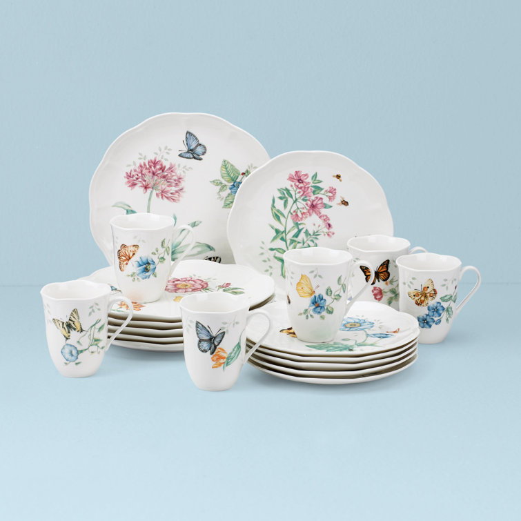 Butterfly Meadow 18-Piece White Porcelain Dinnerware Set with Floral Graphics