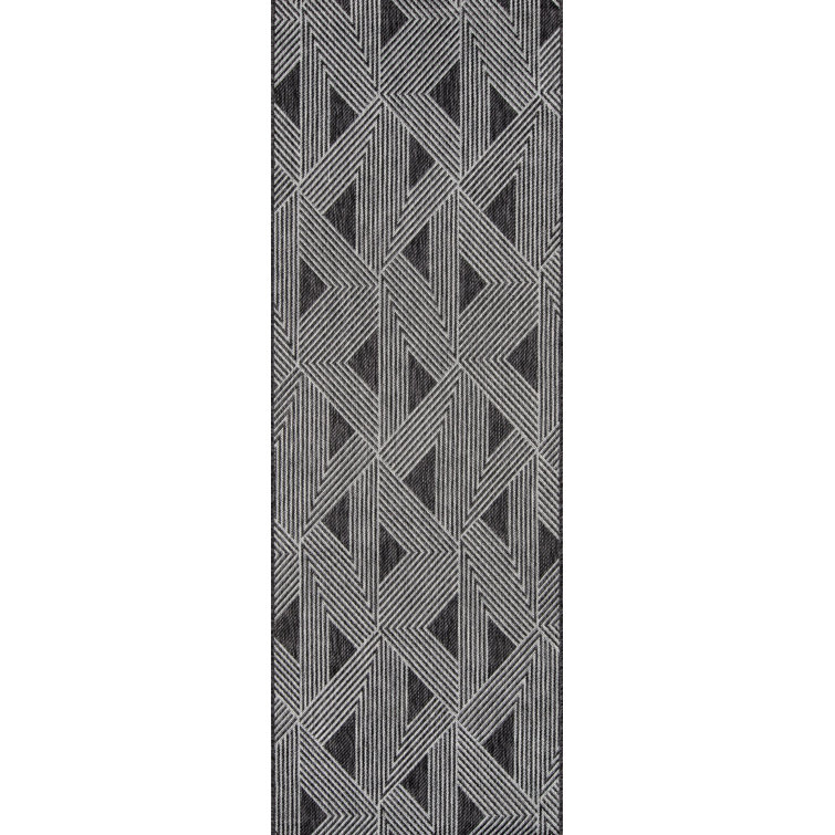 Contemporary Geometric Black Synthetic 2'7" x 7'6" Runner Rug