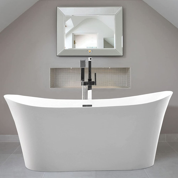 67" White Acrylic Freestanding Soaking Bathtub with Matte Black Trim