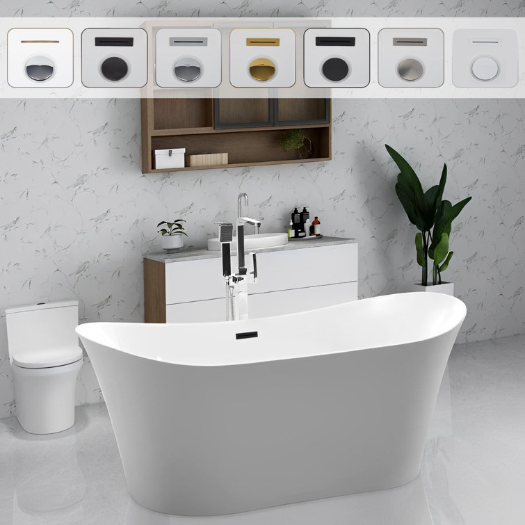 67" White Acrylic Freestanding Soaking Bathtub with Matte Black Trim