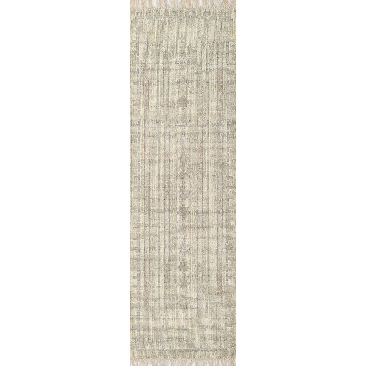 Ivory Handwoven Wool Runner Rug with Geometric Pattern
