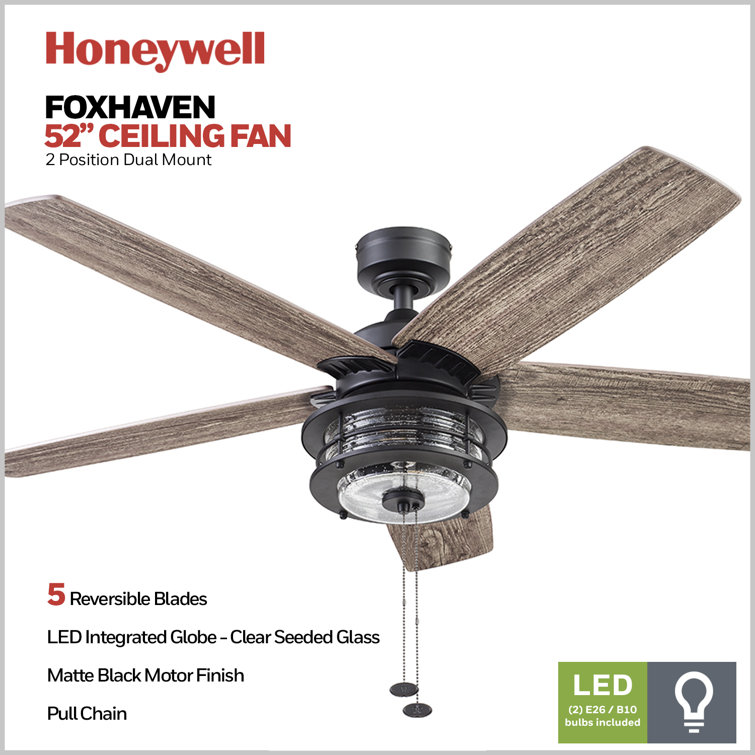 52" Matte Black Farmhouse Ceiling Fan with Reversible Blades and Light