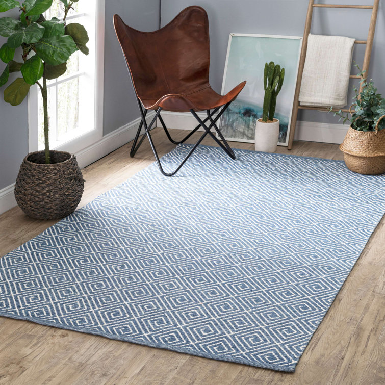 Geo Diamond Blue and Ivory Handwoven Wool Rug