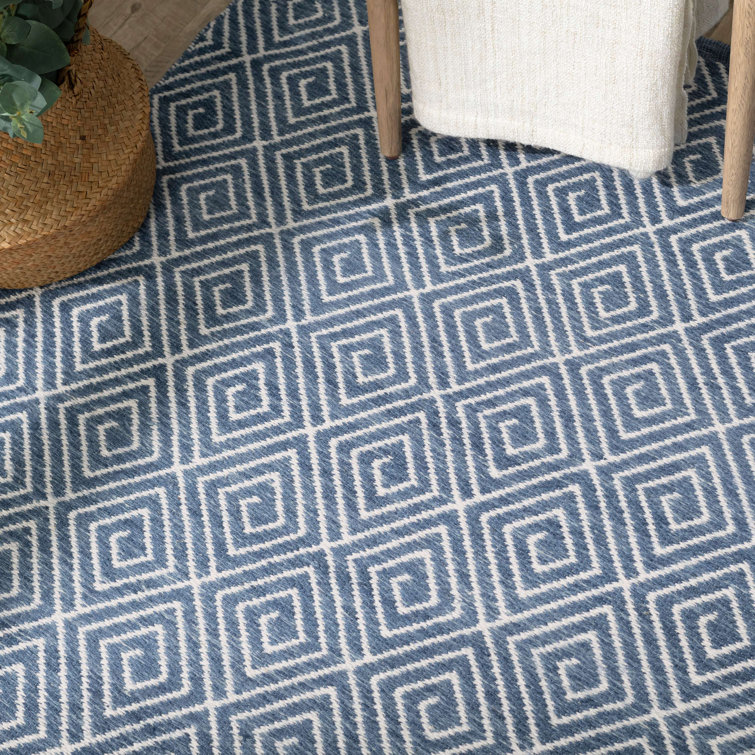Geo Diamond Blue and Ivory Handwoven Wool Rug