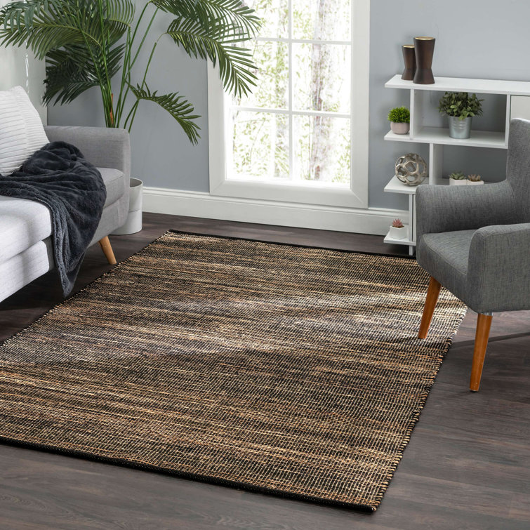 Handwoven Black and Natural Wool Cotton Blend 4' x 6' Rug