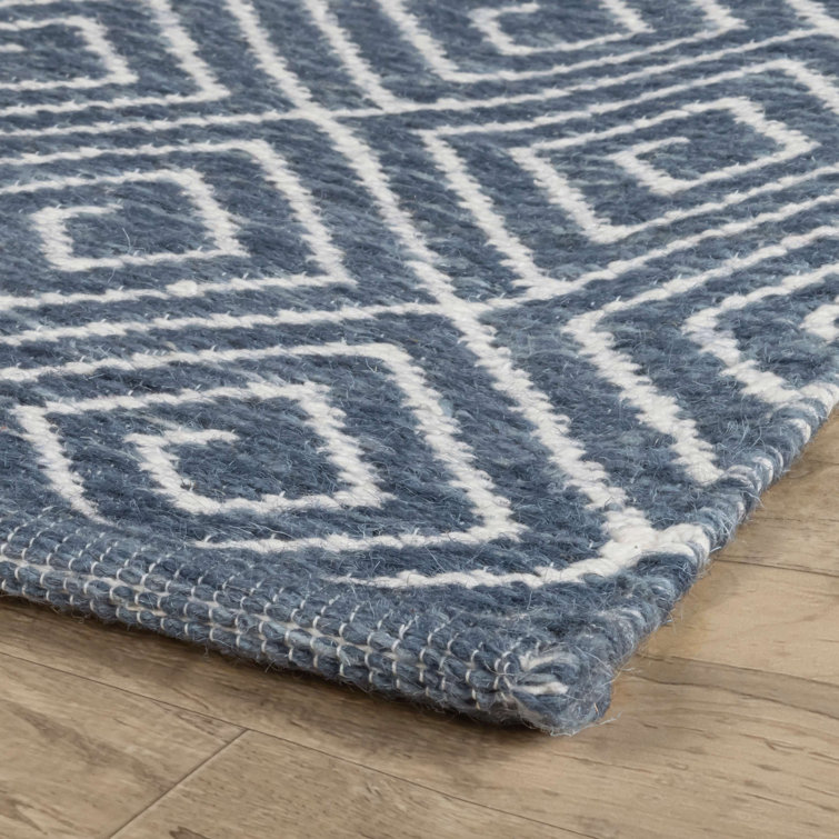 Geo Diamond Blue and Ivory Handwoven Wool Rug