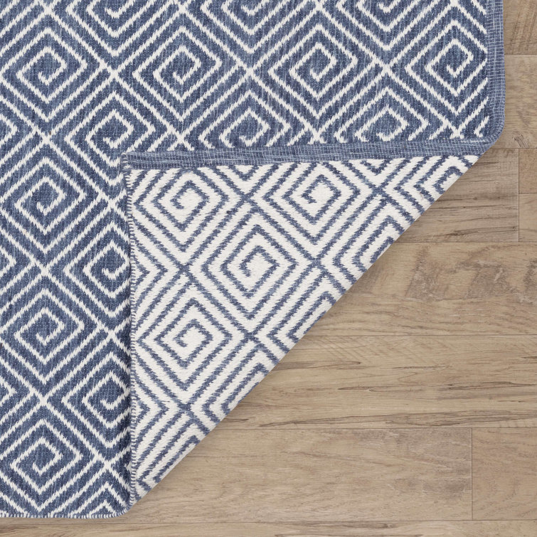 Geo Diamond Blue and Ivory Handwoven Wool Runner Rug