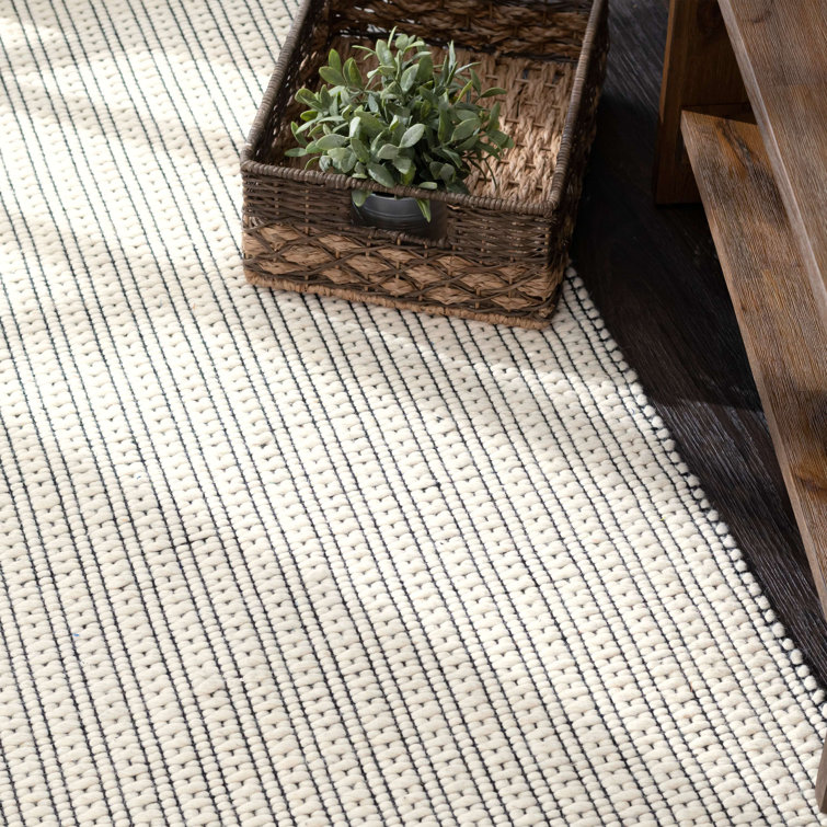 Ivory and Black Handwoven Wool and Synthetic Stripe Rug, 6' x 9'