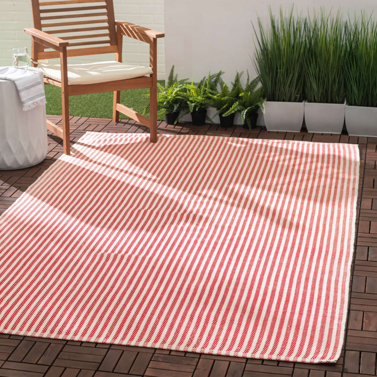 Red and Ivory Stripe Synthetic 6' x 9' Washable Rug