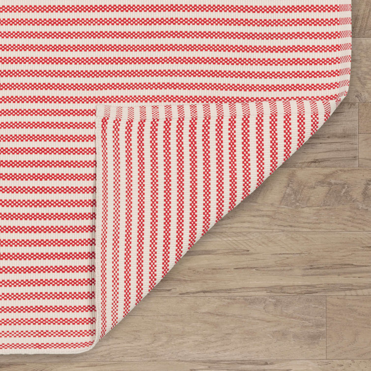 Red and Ivory Stripe Synthetic 6' x 9' Washable Rug
