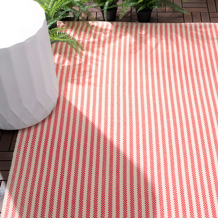 Red and Ivory Stripe Synthetic 6' x 9' Washable Rug