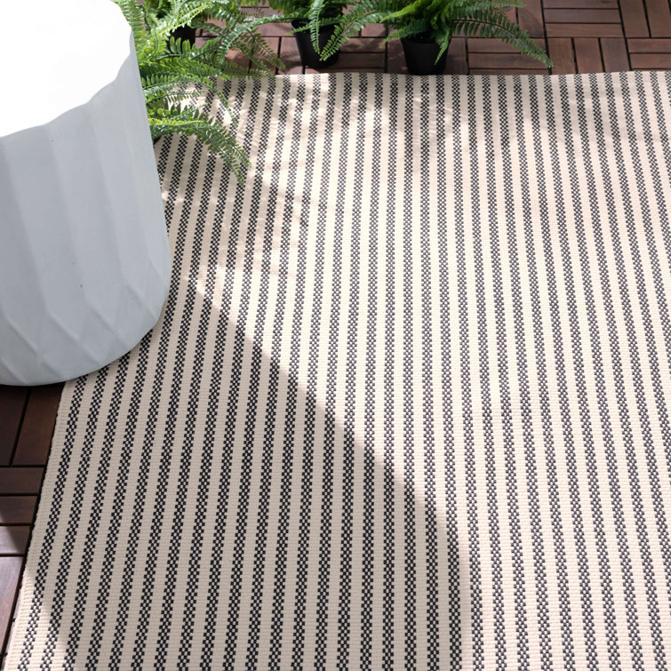 Navy and Ivory Striped Synthetic Handwoven Runner Rug