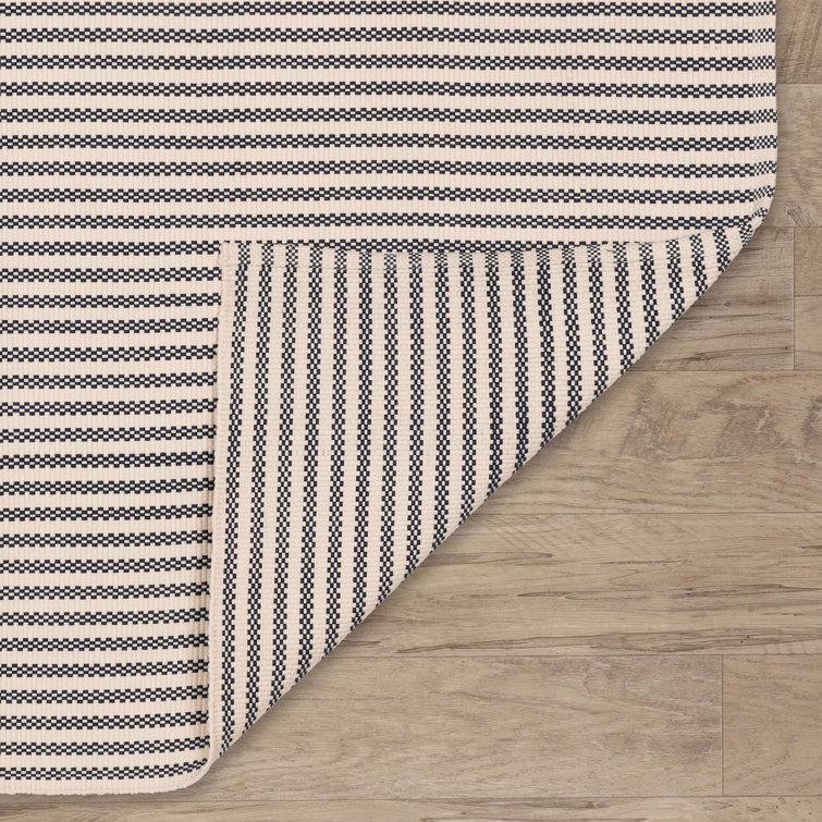 Navy and Ivory Striped Synthetic Handwoven Runner Rug