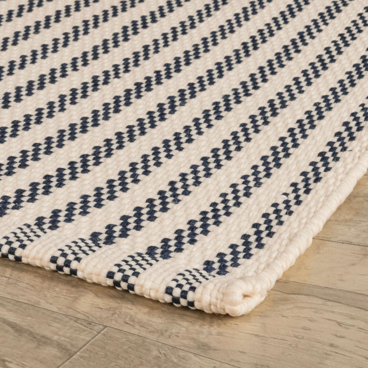 Navy and Ivory Striped Synthetic Handwoven Runner Rug