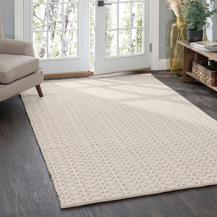 Natural Geometric Flat Woven Wool and Cotton Rug, 8' x 10'
