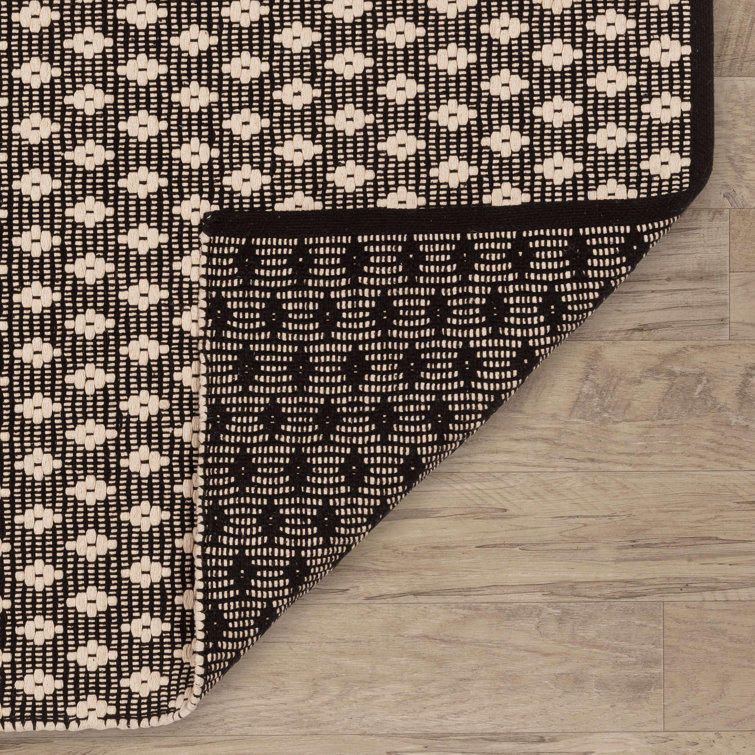 Dainty Diamond Black and Ivory Handwoven Cotton Area Rug, 5' x 8'