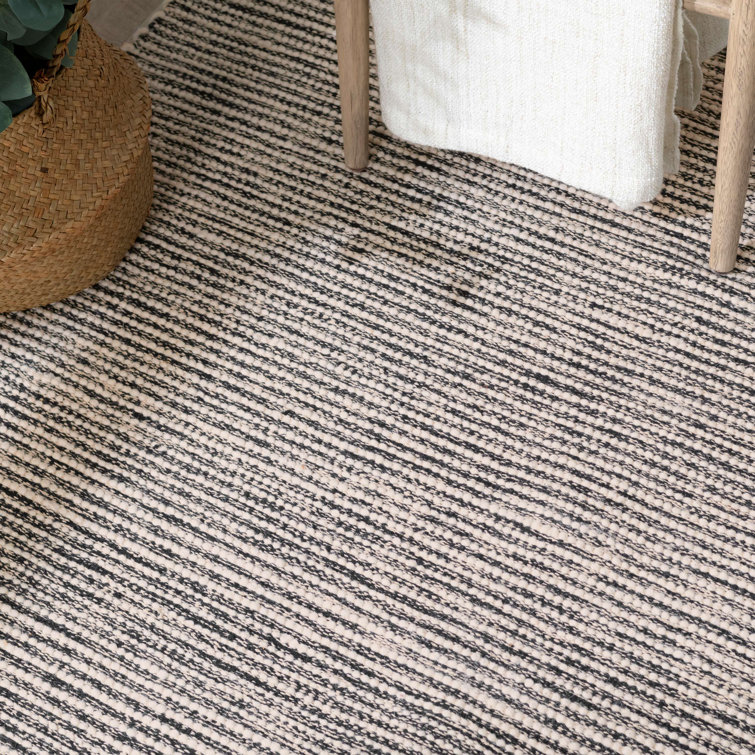 Ivory and Black Handwoven Wool Cotton Stripe Rug 4' x 6'