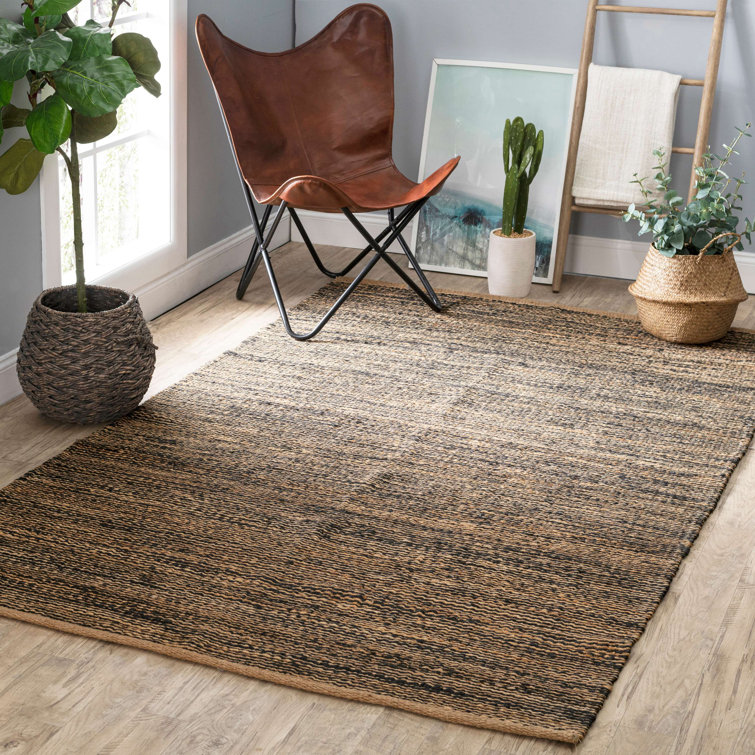 Handwoven Striped Black and Natural Jute Area Rug, 5' x 8'