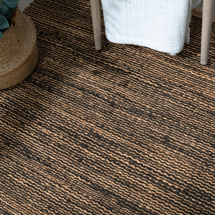 Handwoven Striped Black and Natural Jute Area Rug, 5' x 8'